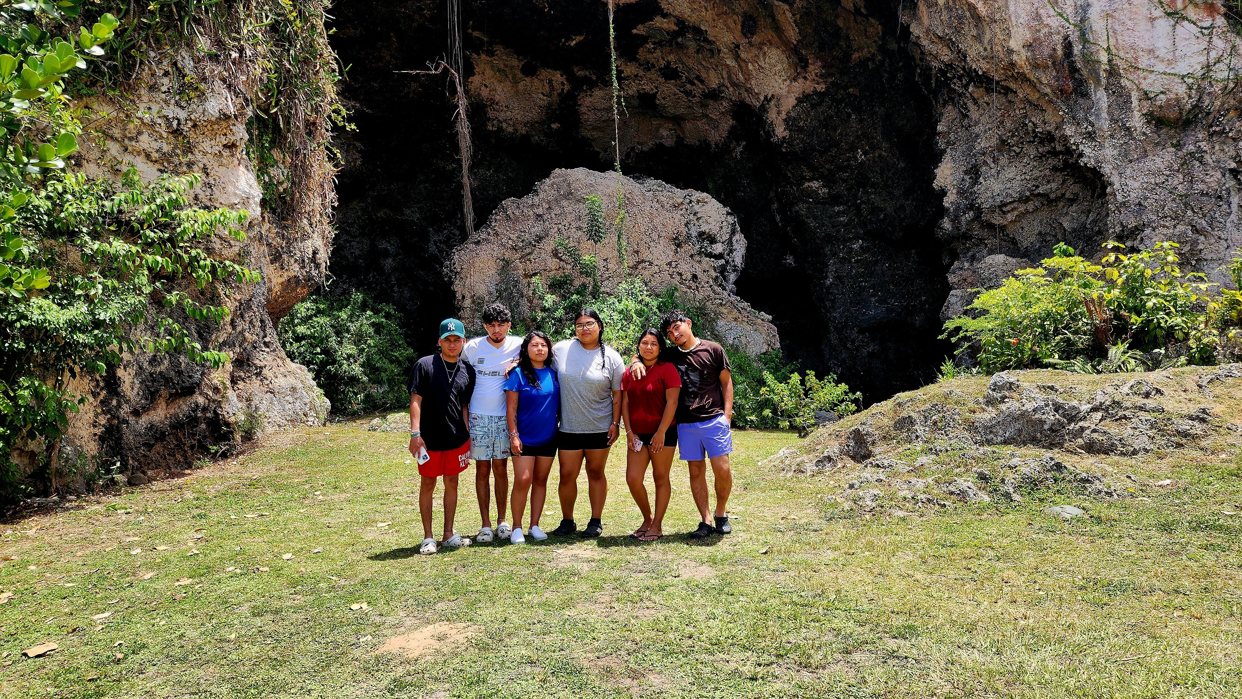 Group posing near the iconic blue cobblestones of Old San Juan.