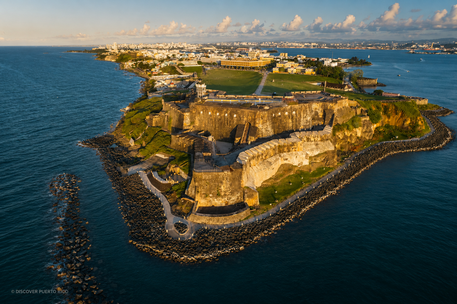 Aerial view of Old San Juan, Puerto Rico at golden hour